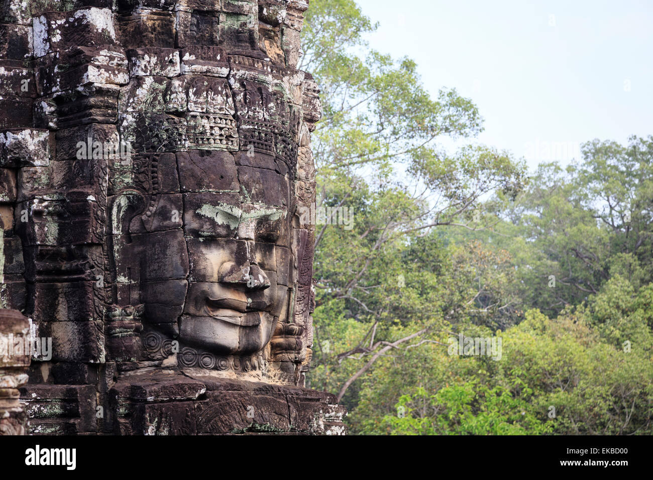 Bouddha visage sculpté dans la pierre au temple Bayon, Angkor Thom, Angkor, Cambodge, l'UNESCO, l'Indochine, l'Asie du Sud-Est, Asie Banque D'Images