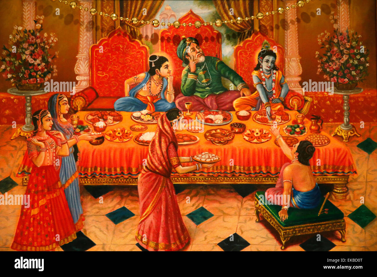Dans la peinture d'ISKCON temple hindou de Londres avec son frère Krishna Balaram et père Nanda Maharaj, London, England, UK Banque D'Images
