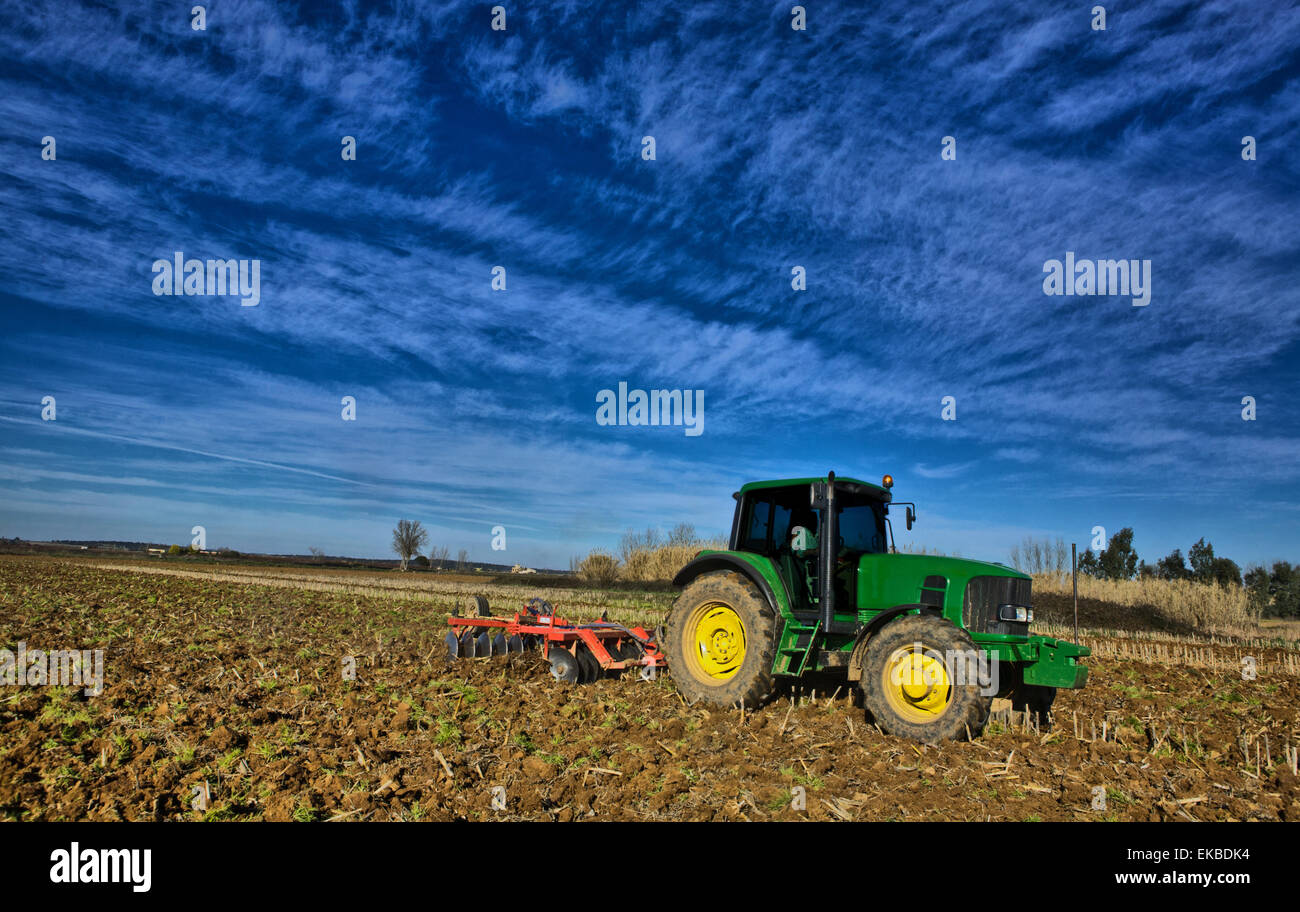 Tracteur agricole préparer le sol et de classement le domaine avant l'étalement, Montijo, Badajoz, Estrémadure, Espagne Banque D'Images