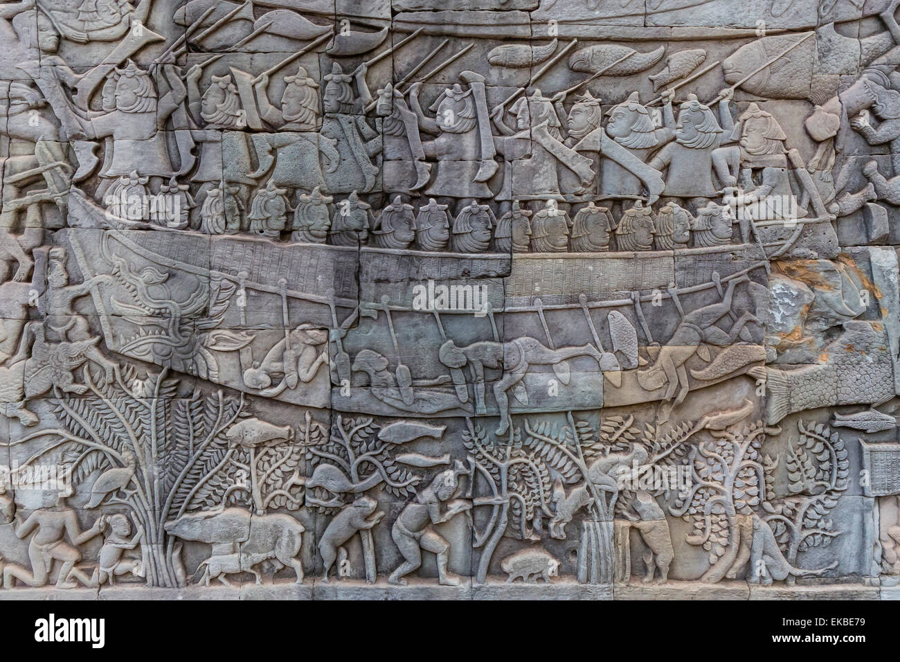 Bas-reliefs dans le Prasat du Bayon, Angkor Thom, Angkor, l'UNESCO, Siem Reap, Cambodge, Indochine, Asie du Sud, Asie Banque D'Images
