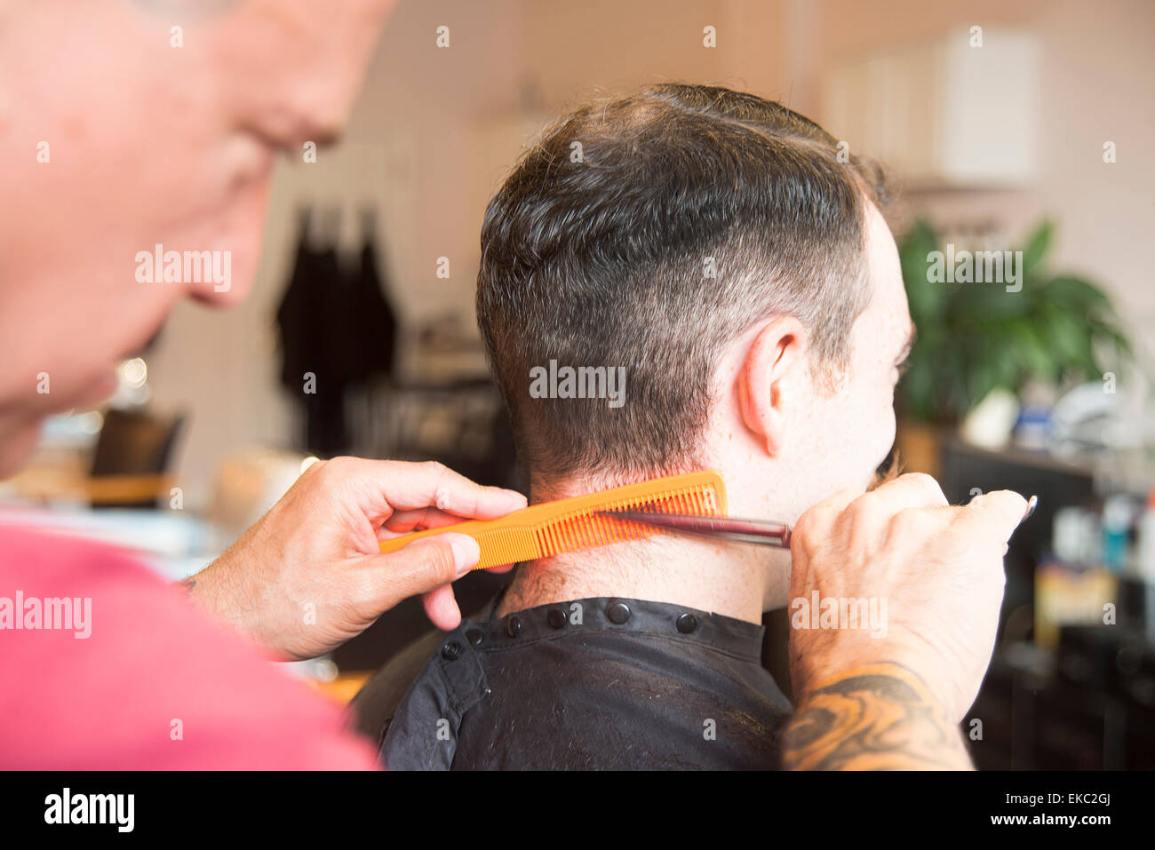 Jeune homme ayant sa coupe de cheveux Banque D'Images