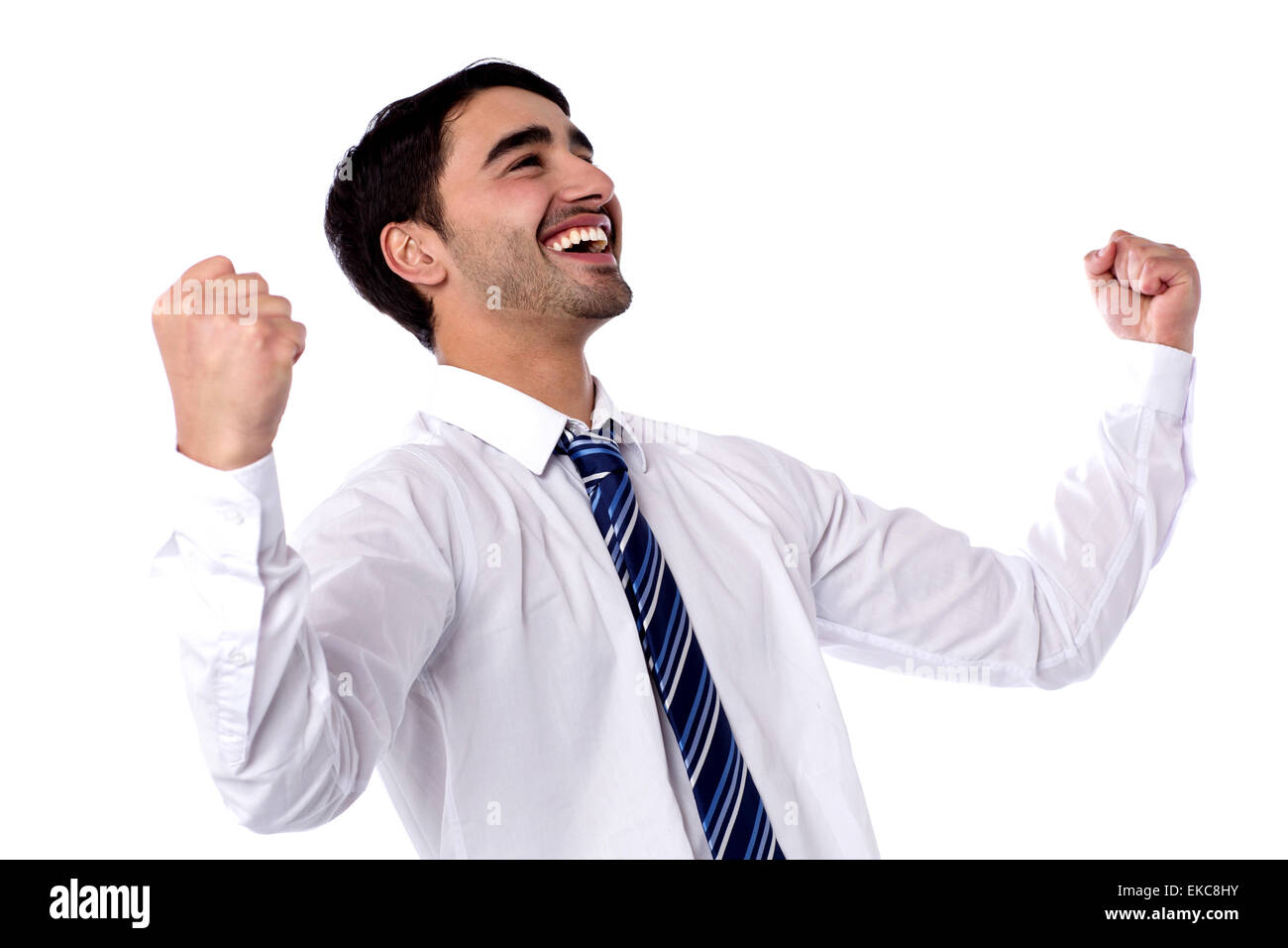 Excited businessman célèbre en pompant les poings Banque D'Images