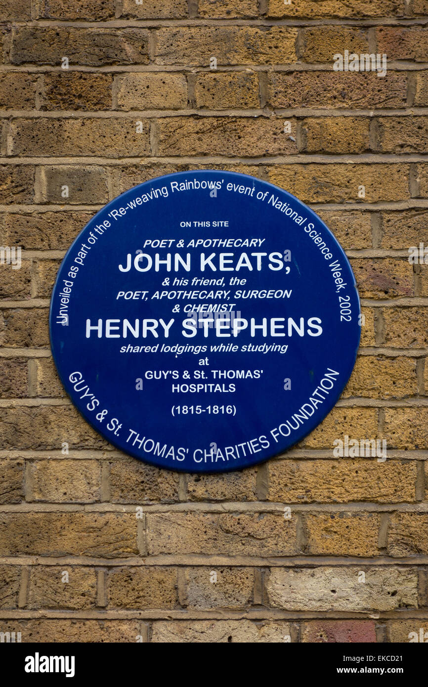 Marqueur historique à l'ancien logement du célèbre poète John Keats et médecin écossais/écrivain Henry Stephens, Southwark, Londres Banque D'Images