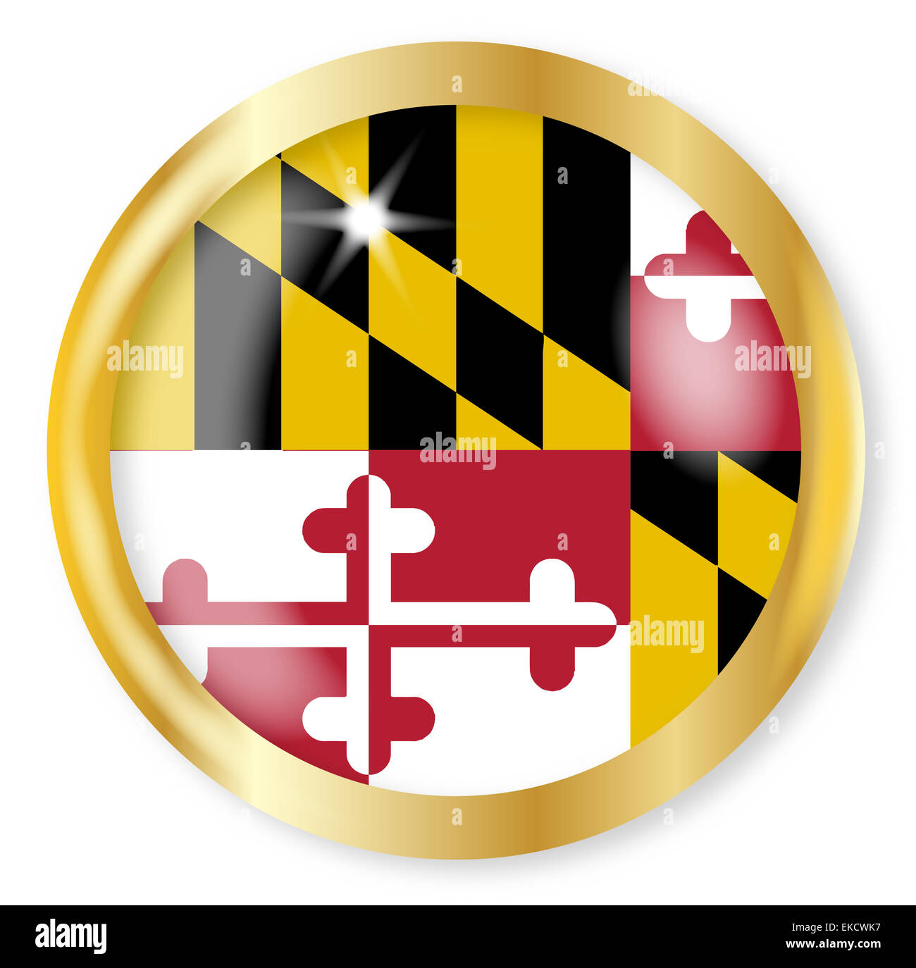 Drapeau de l'état du Maryland bouton avec un métal d'or frontière circulaire sur un fond blanc Banque D'Images