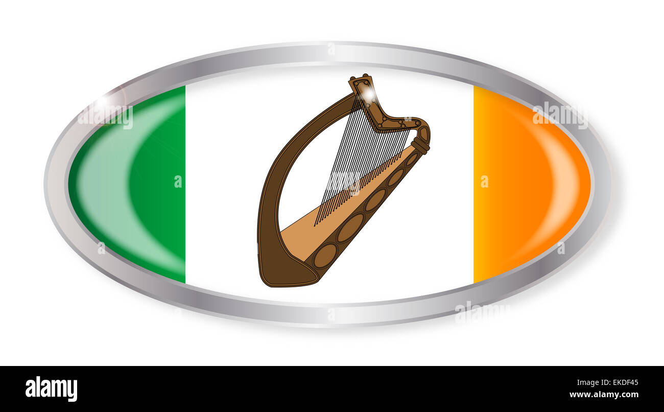 Bouton d'argent ovale avec le drapeau irlandais isolé sur fond blanc Banque D'Images