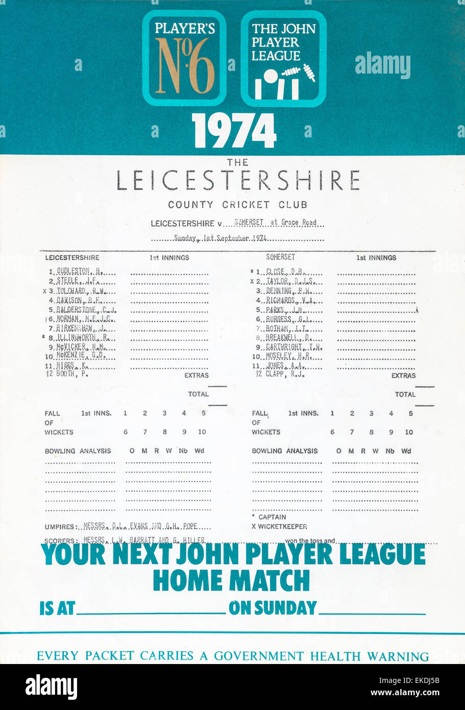 Le Leicestershire V Somerset County Cricket Club. John Player League. 1er septembre 1974 Banque D'Images
