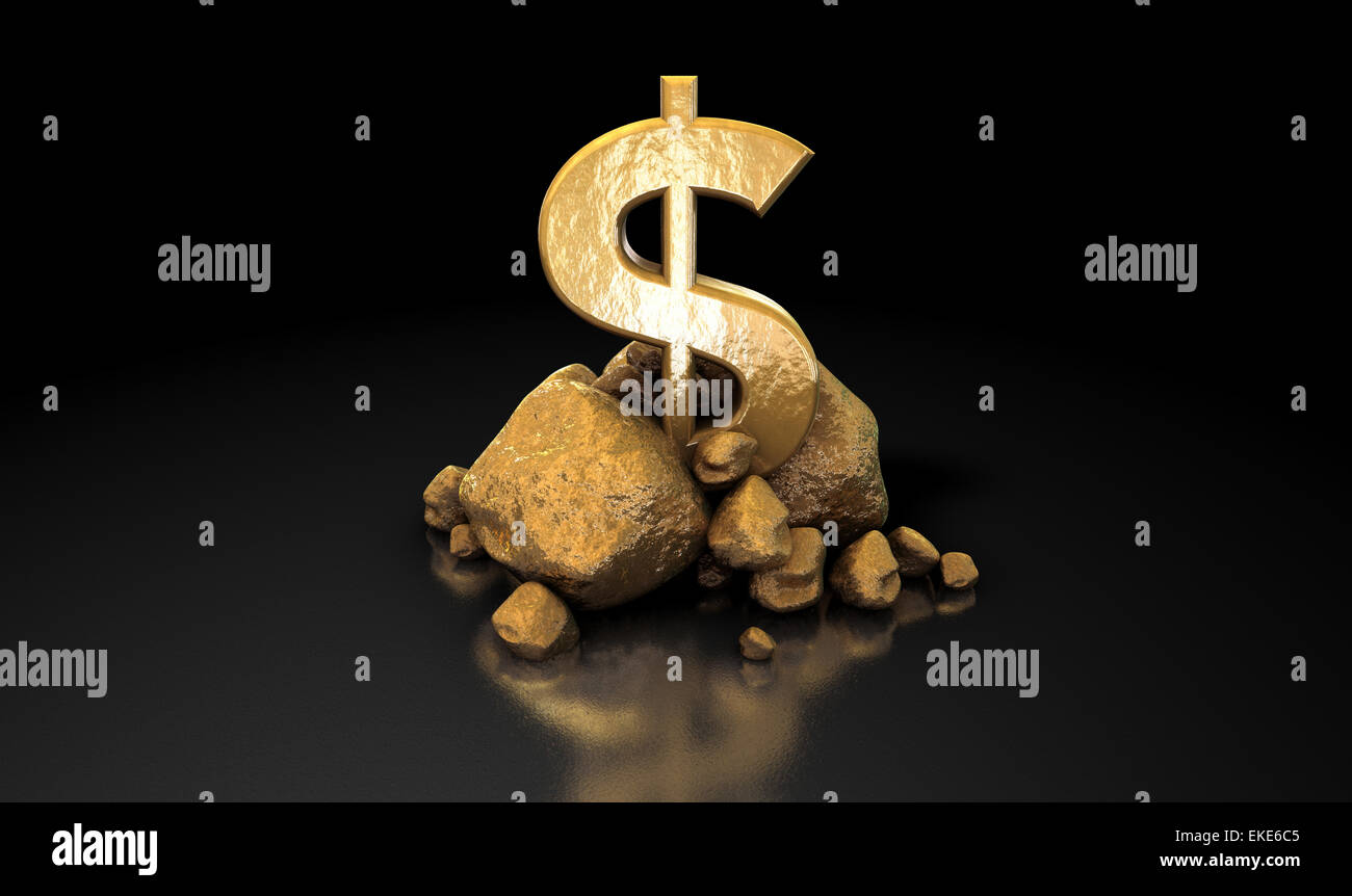 Une collection de pépites d'étaiement d'un symbole dollar or brillant sur un fond sombre isolés Banque D'Images