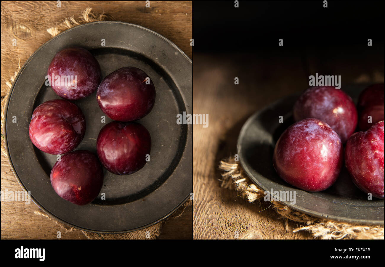 Compilation de prunes fraîches images de moody éclairage naturel mis en place avec un style vintage Banque D'Images