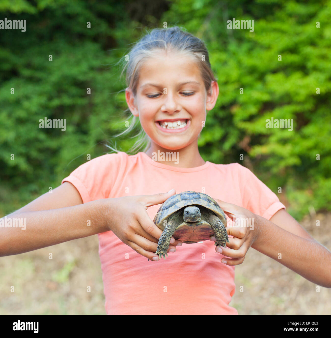 Jeune fille et la tortue Banque D'Images