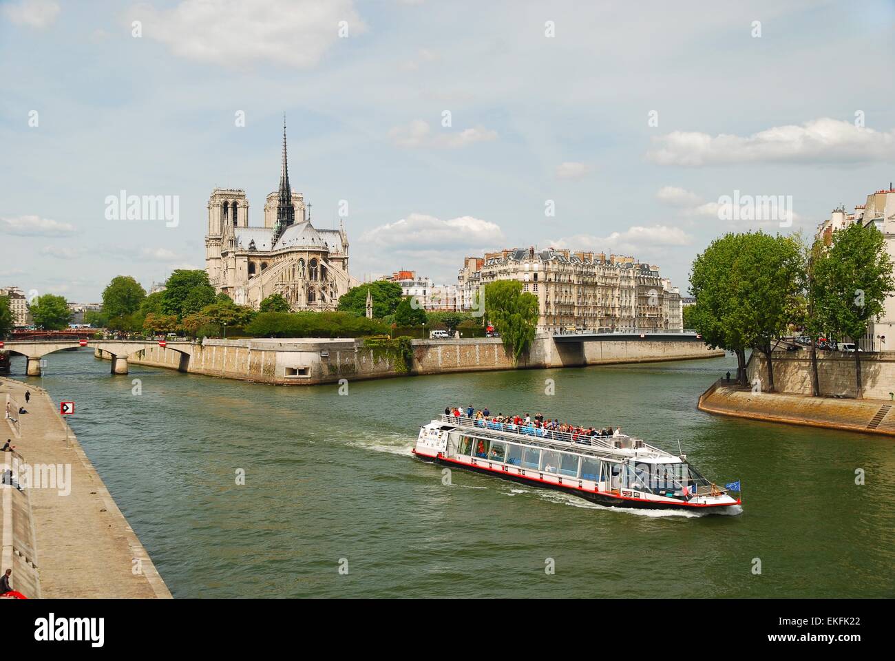 Bateau de plaisance sur la Seine près de la cathédrale notre Dame, Paris, France Banque D'Images