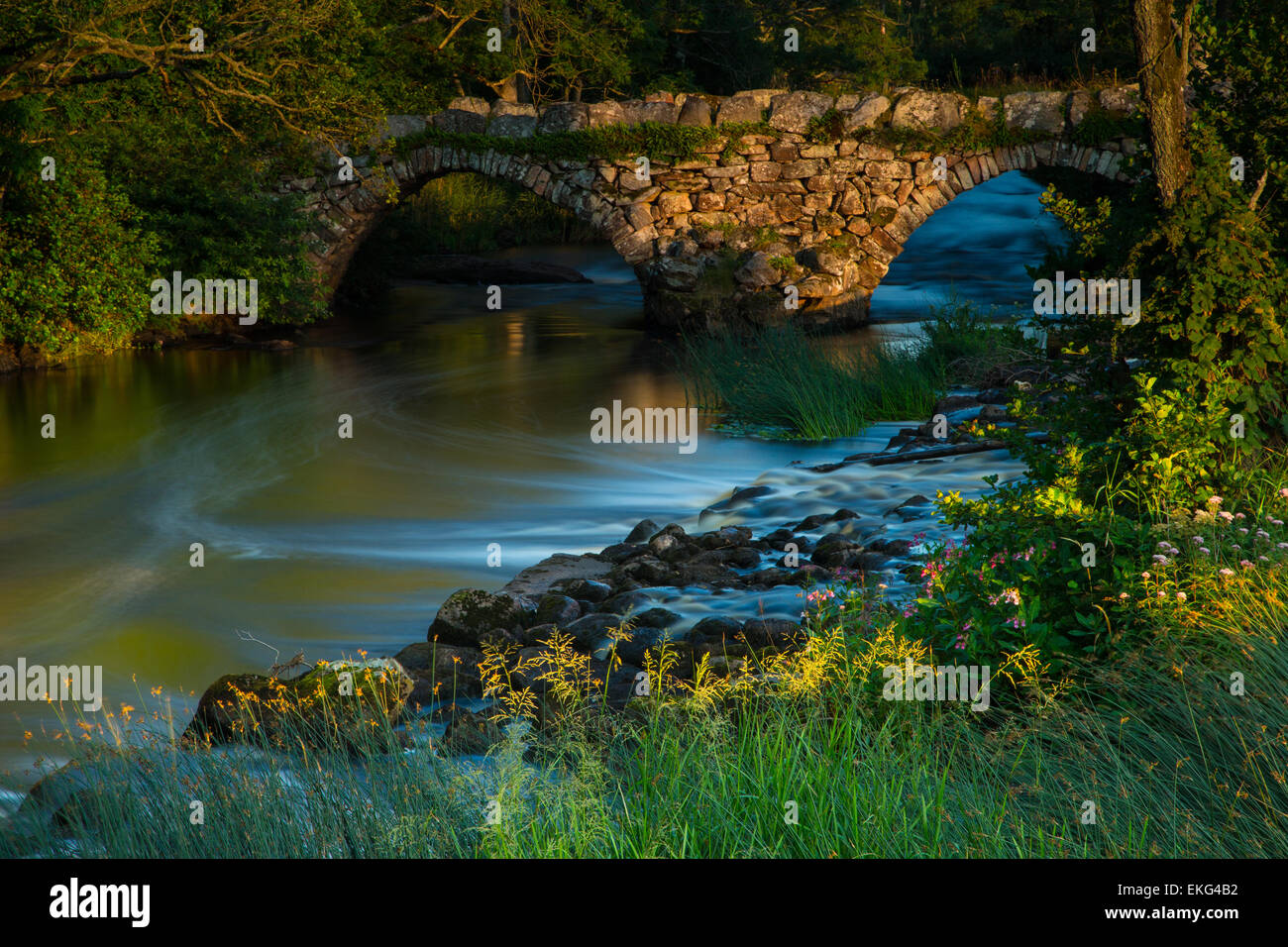 Un pont de pierre sur une petite rivière Banque D'Images