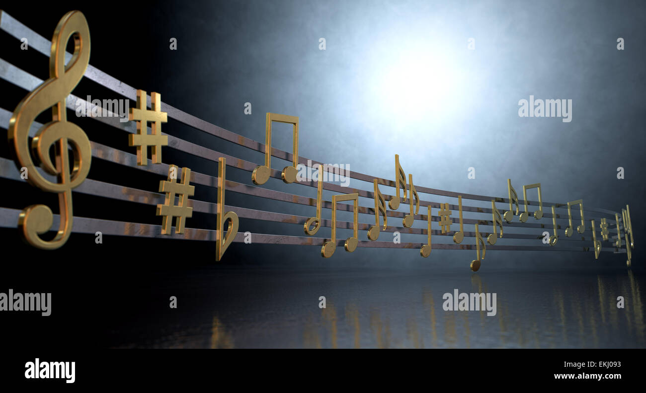 Un concept montrant or métallique littérale les symboles musicaux et des notes sur les cinq lignes ondulées octave sur un arrière-plan spotlit Banque D'Images