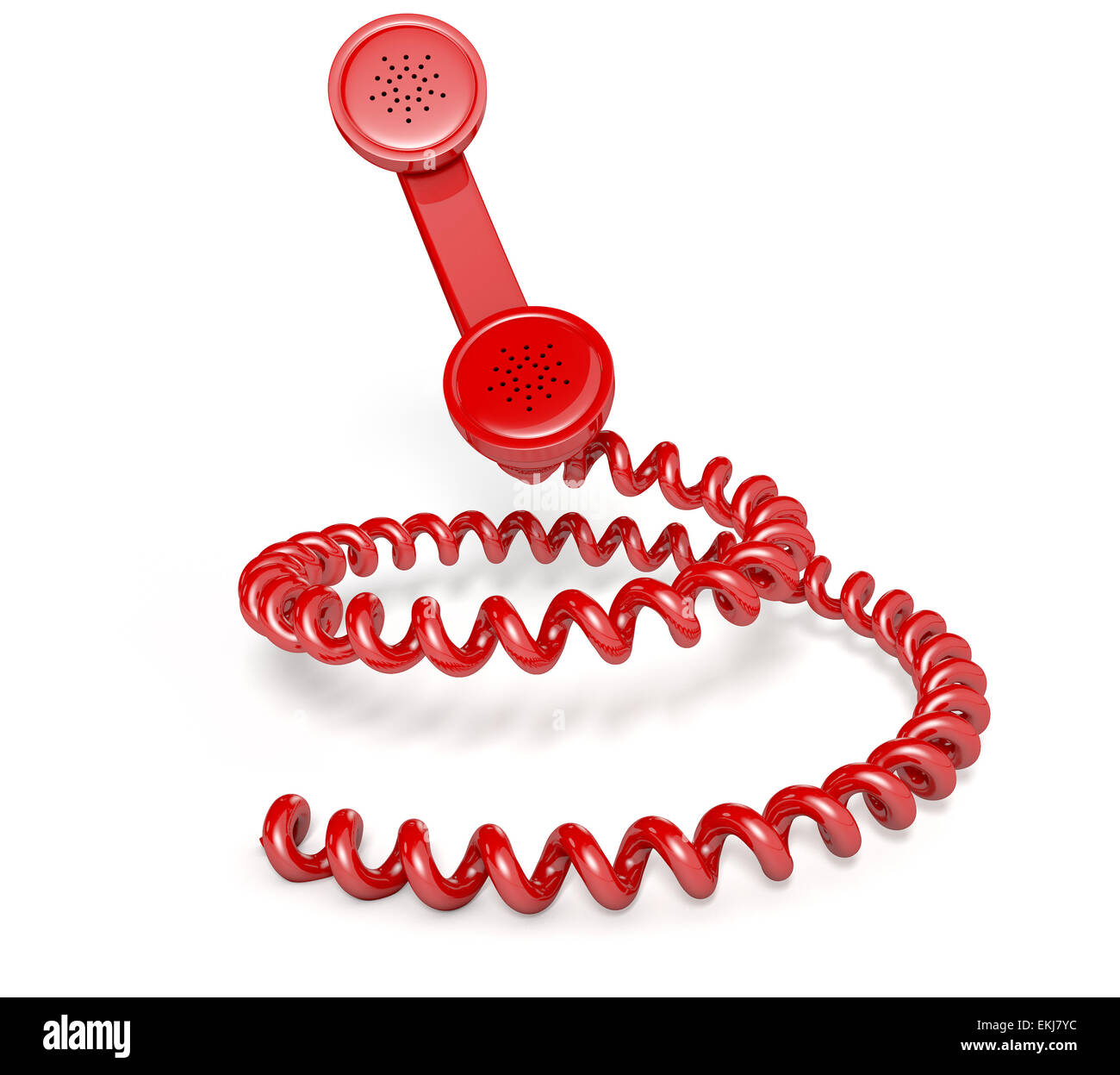 Un combiné téléphonique vintage connecté à un cordon enroulé en forme de spirale sur un fond studio blanc isolé Banque D'Images