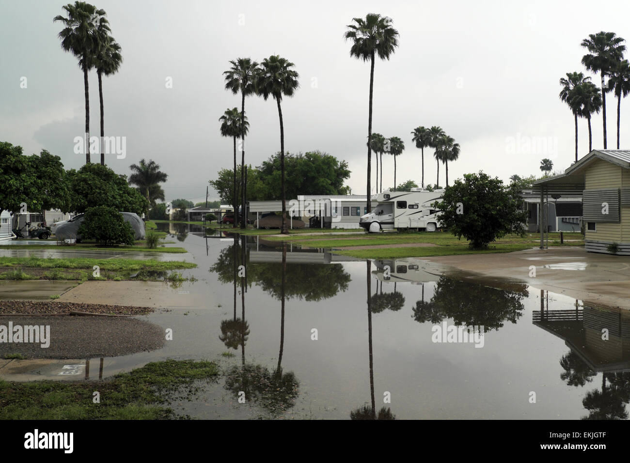 Les inondations d'avril dans une maison mobile/RV Park à Mission, Texas, États-Unis Banque D'Images