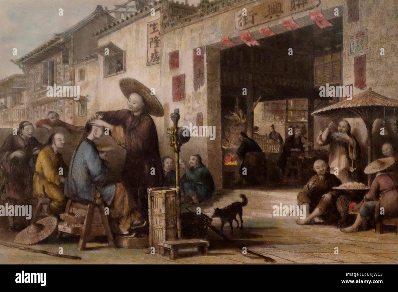 Un salon de coiffure itinérant, 19e siècle Chine Banque D'Images