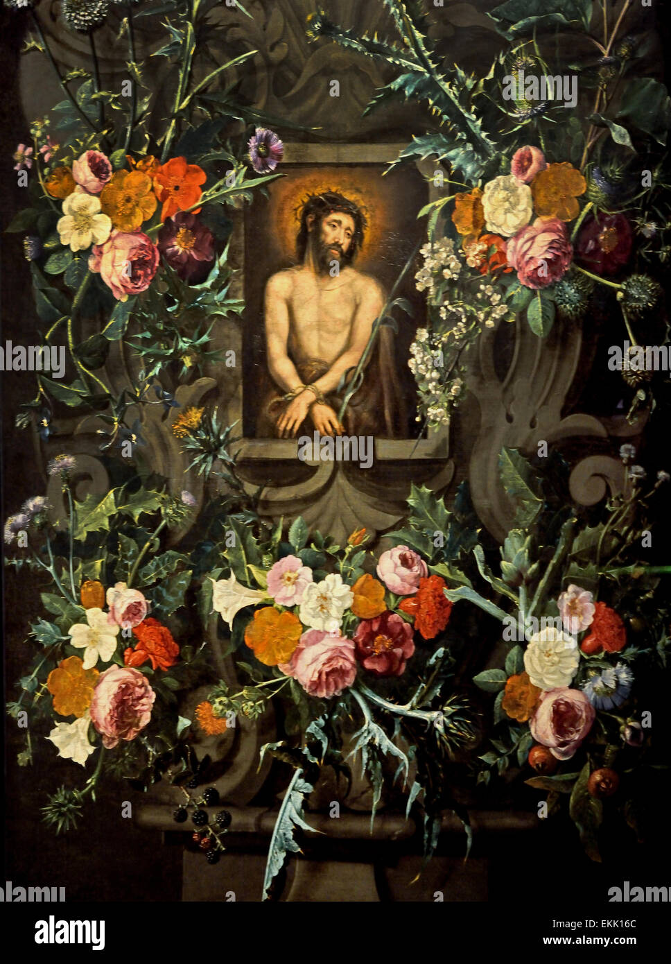 Vivent encore avec des fleurs et de l'Ecce Homo 1660 Gaspar Peeter Verbruggen, l'Ancien (1635 - 1681) peintre baroque flamand Anvers Belgique Belge Banque D'Images