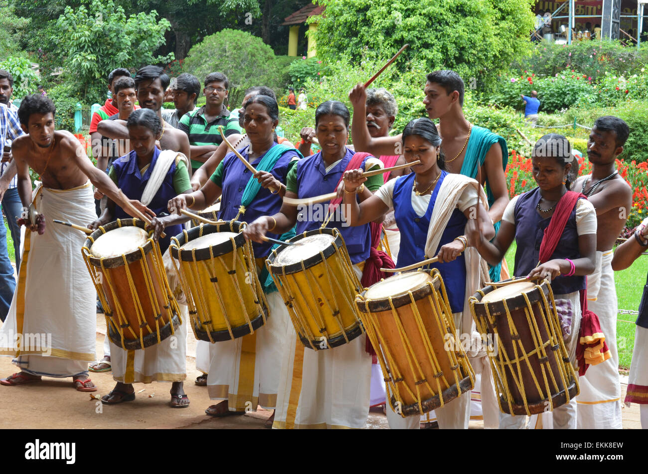 Tambour traditionnel de coups par un groupe tamoul effectuant dans jardin botanique,Ooty,Tamil Nadu, Inde Banque D'Images