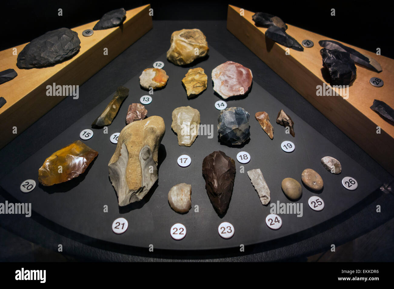 Artefacts préhistoriques comme outils de silex sur l'affichage dans le Musée du Cinquantenaire / Jubelparkmuseum à Bruxelles, Belgique Banque D'Images