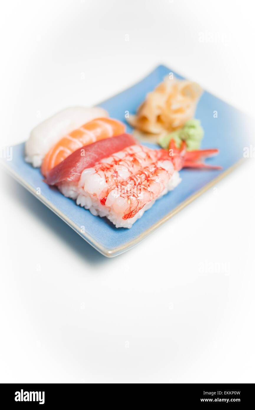 Plaque avec nigiri sushi bleu selective focus on white background Banque D'Images