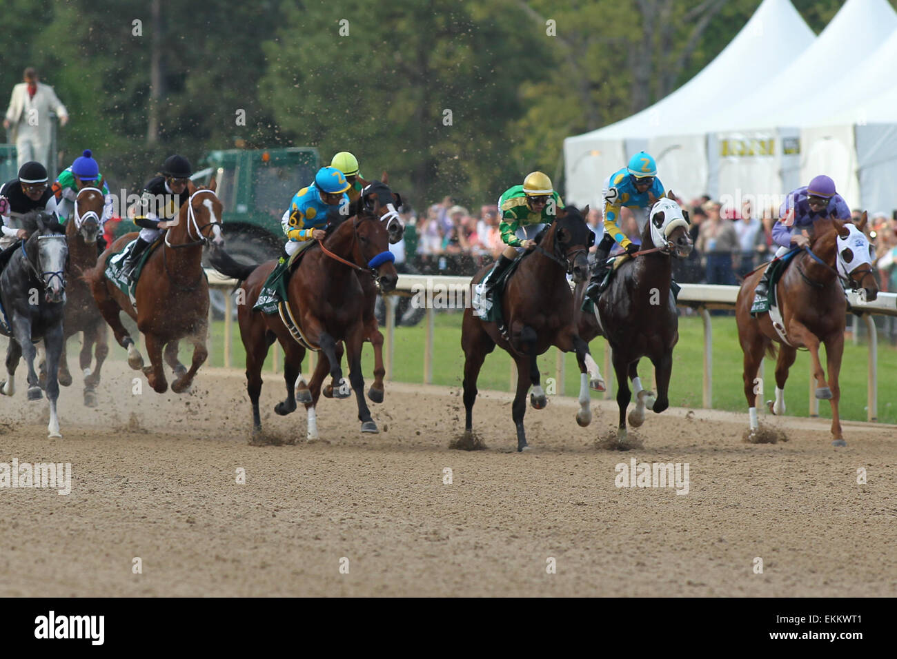 Hot Springs, Arkansas, USA. Apr 11, 2015. Champ de départ dans l'ouverture d'étirement dans le Kentucky Derby à Oaklawn Park à Hot Springs, AR. Justin Manning/ESW/CSM/Alamy Live News Banque D'Images