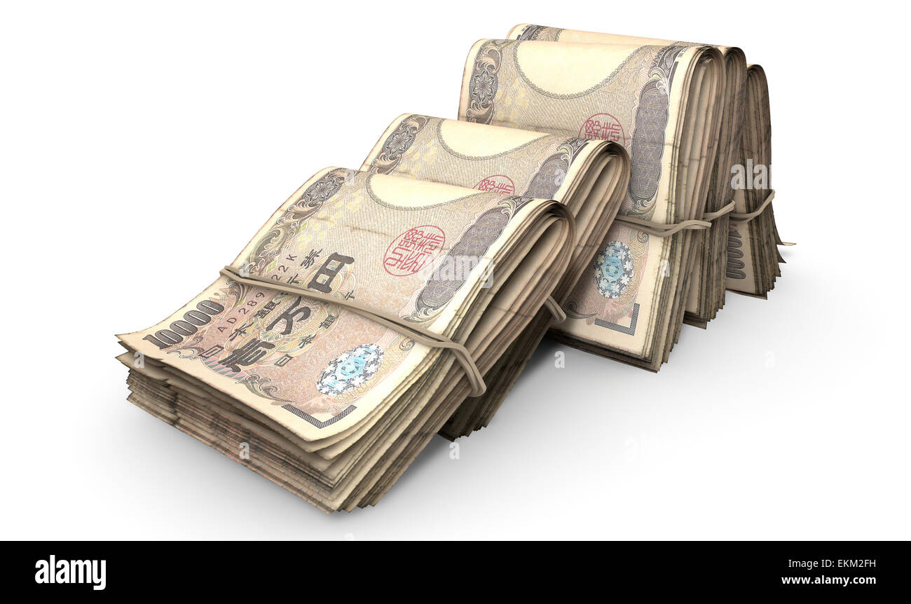 Une vue rapprochée de cinq liasses de plié sur des piles de billets de yen japonais infomally tenus par un élastique dans une Banque D'Images