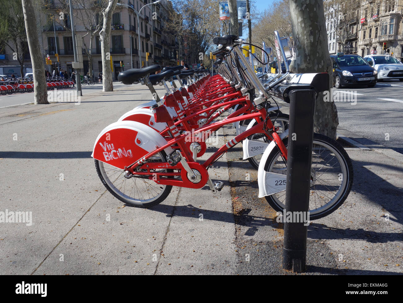 Rangée de vélos Bicing rouge pour location à Plaza Universidad, Barcelone, Catalogne, Espagne Banque D'Images