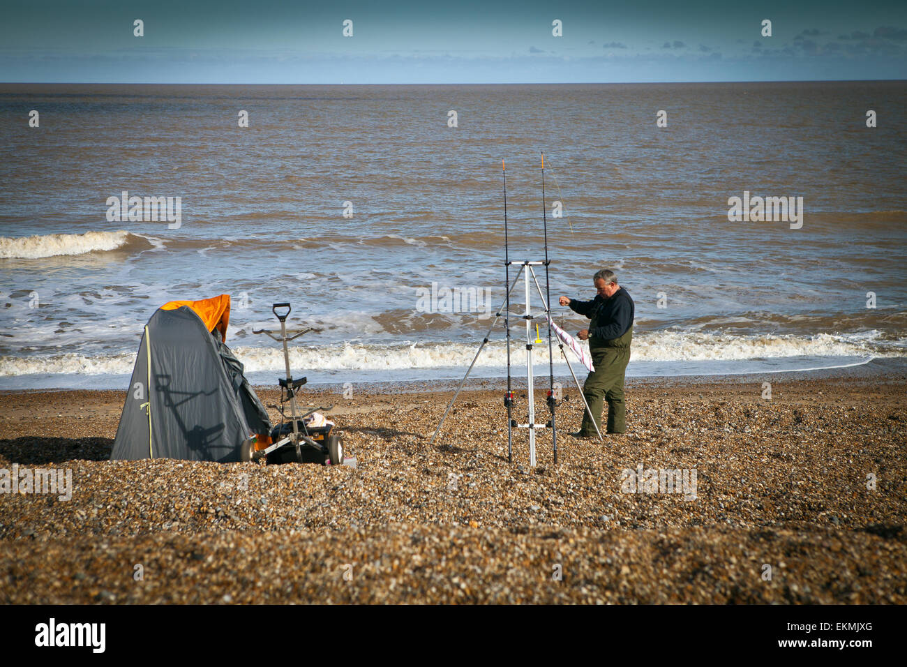 Beach fisherman, Dunwich Heath et Plage, Suffolk Banque D'Images