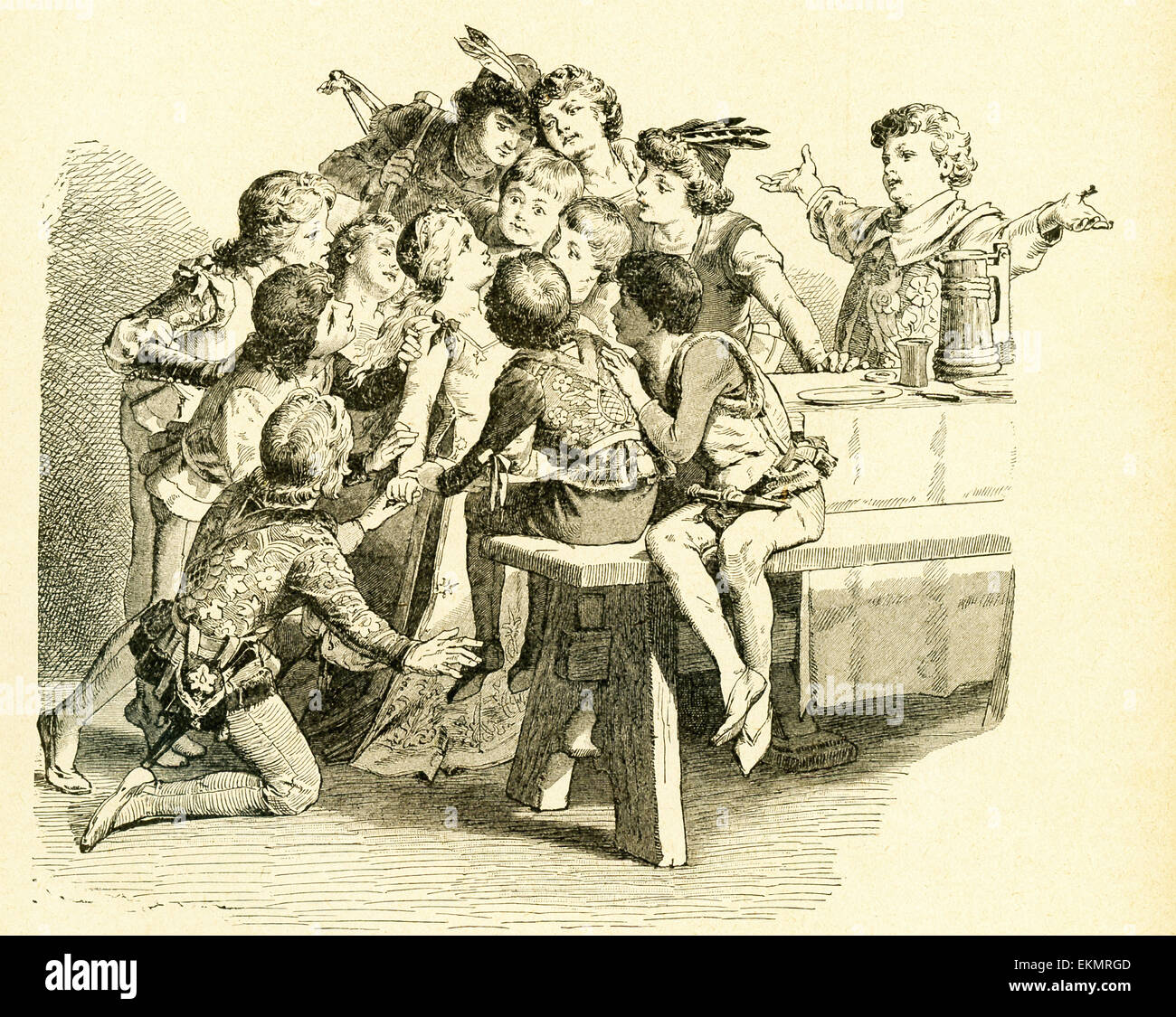 En 1812, les frères Grimm, Jacob et Wilhelm, publié contes pour enfants, une collection contes allemands. Cette illustration accompagnée du conte "Les douze Frères", qui dit d'un roi qui a planifié de tuer son fils 12 lorsqu'une fille est née. Les garçons ont appris de cette situation et s'enfuit vers les bois des années plus tard, la fille apprend ainsi et les a trouvés dans la forêt. Ici les frères sont réunis avec leur soeur pour la première fois. Cette image est de Grimms Eventyr (Grimm's Fairy Tales) par Carl Ewald, publié en 1922. Le frontispice a l'illustrations de Philip Grot Johann Banque D'Images