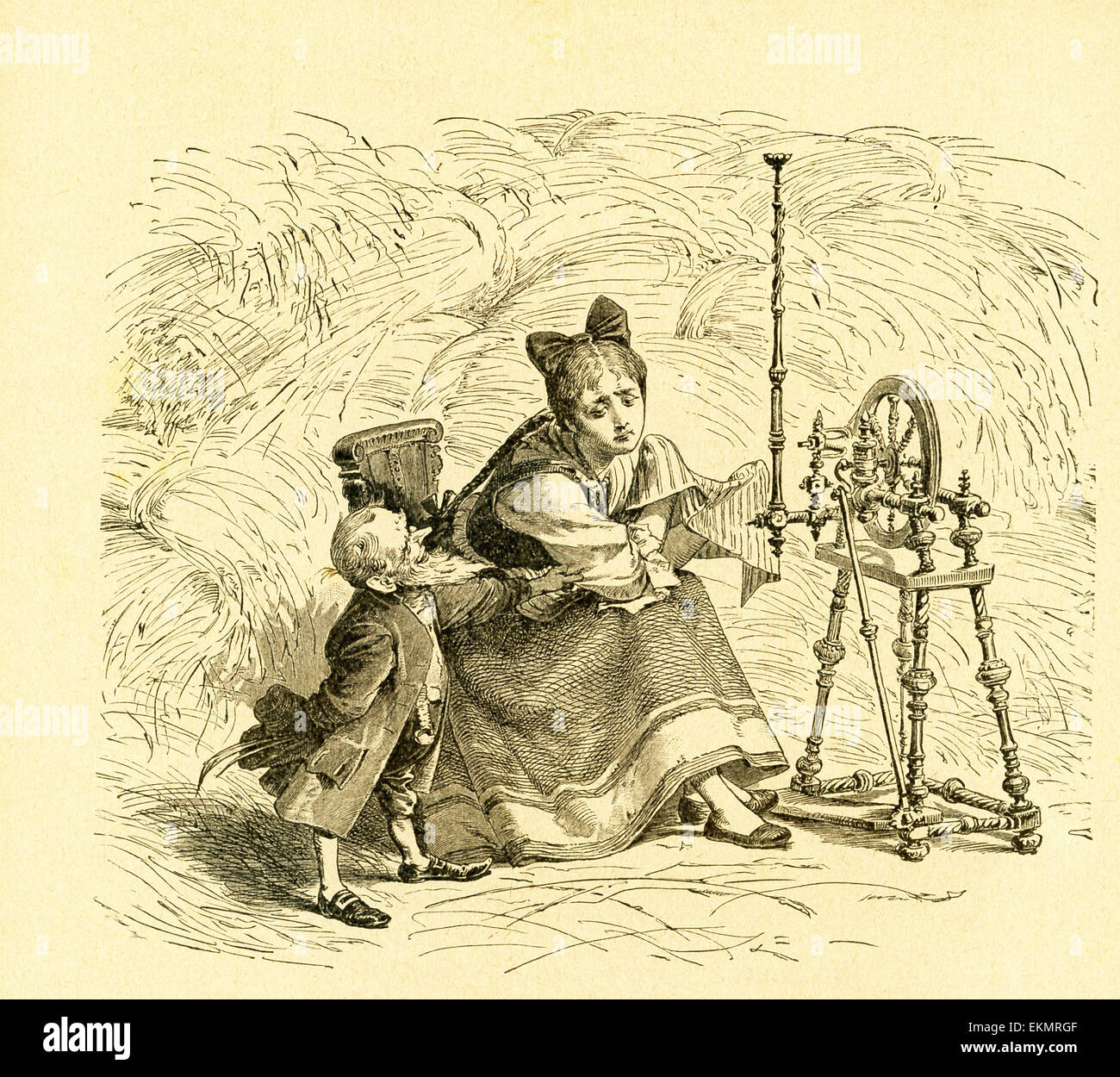 En 1812, les frères Grimm, Jacob et Wilhelm, publié contes pour enfants, une collection contes allemands. Cette illustration accompagnée le conte 'Les Lutins et le cordonnier" et affiche l'une des peu d'elfes avec la femme du cordonnier qui avaient façonné des vêtements pour les elfes. Cette image est de Grimms Eventyr (Grimm's Fairy Tales) par Carl Ewald, publié en 1922. Le frontispice a l'illustrations de Philip Grot Johann et R. Leinweber. Banque D'Images