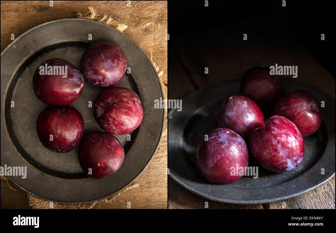 Compilation de prunes fraîches images de moody éclairage naturel mis en place avec un style vintage Banque D'Images
