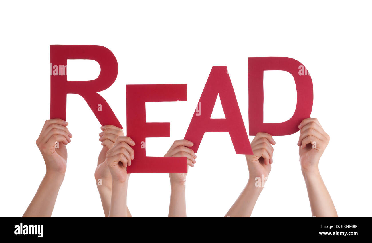 De nombreux peuples caucasiens et mains tenant droite rouge des lettres ou des caractères isolés L'édifice Mot anglais lu sur Blanc Retour Banque D'Images