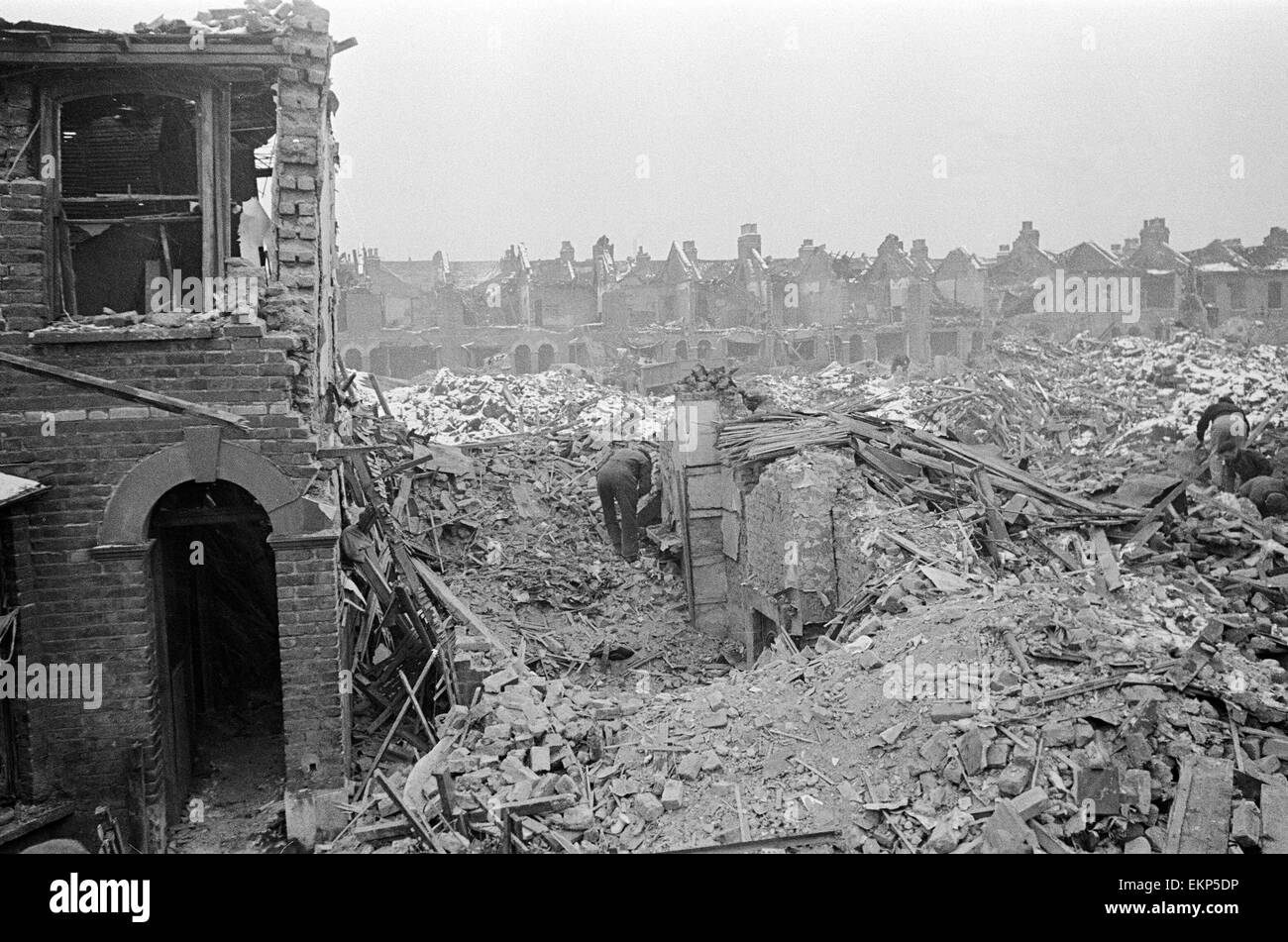 V2 Rocket incident à Tewkesbury, Sept Soeurs. 60 maisons détruites, 900 personnes sans abri. 20 janvier 1945. Banque D'Images