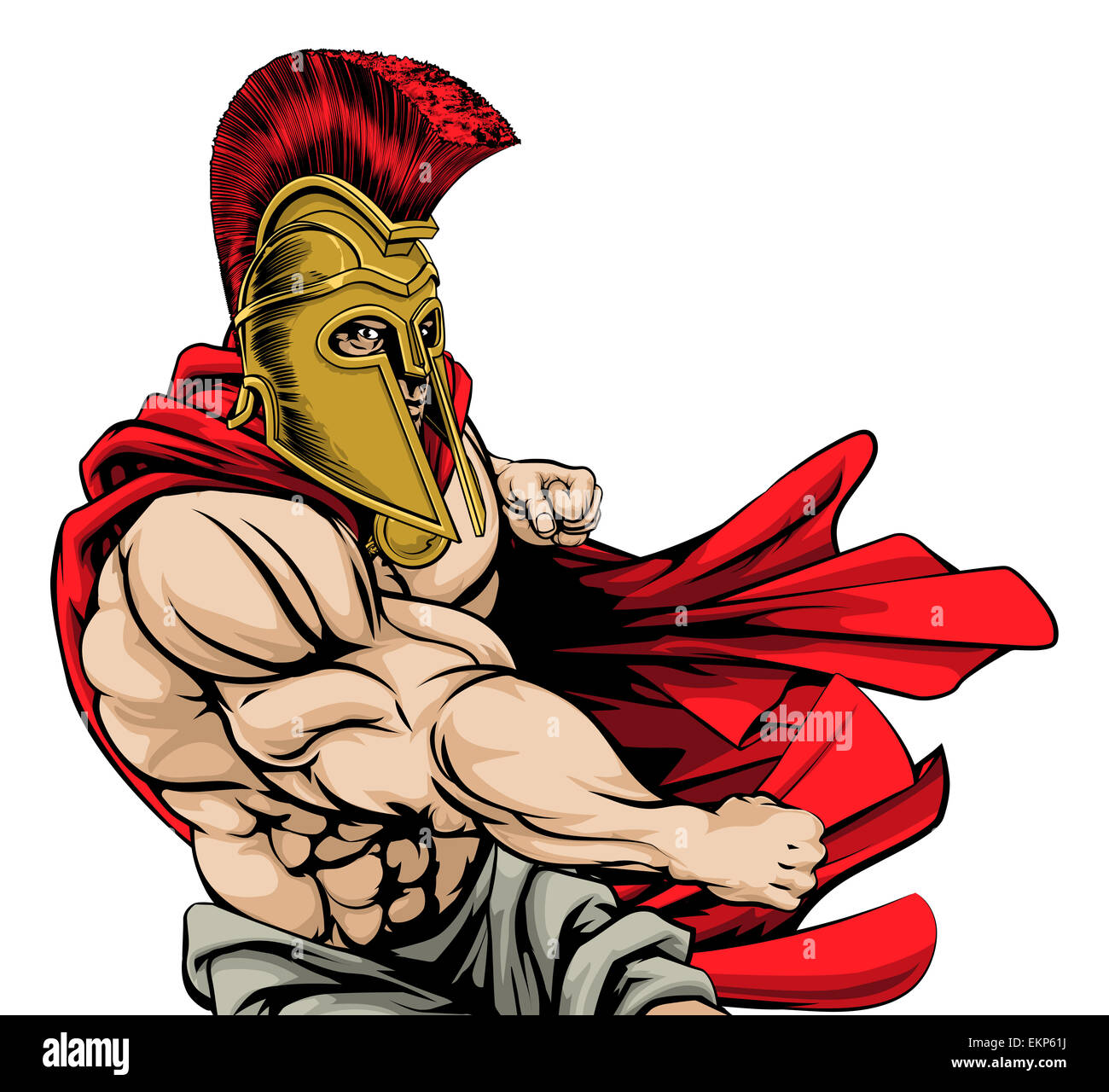 Un personnage mascotte Spartan musculaire avec manteau rouge dans un combat punching Banque D'Images