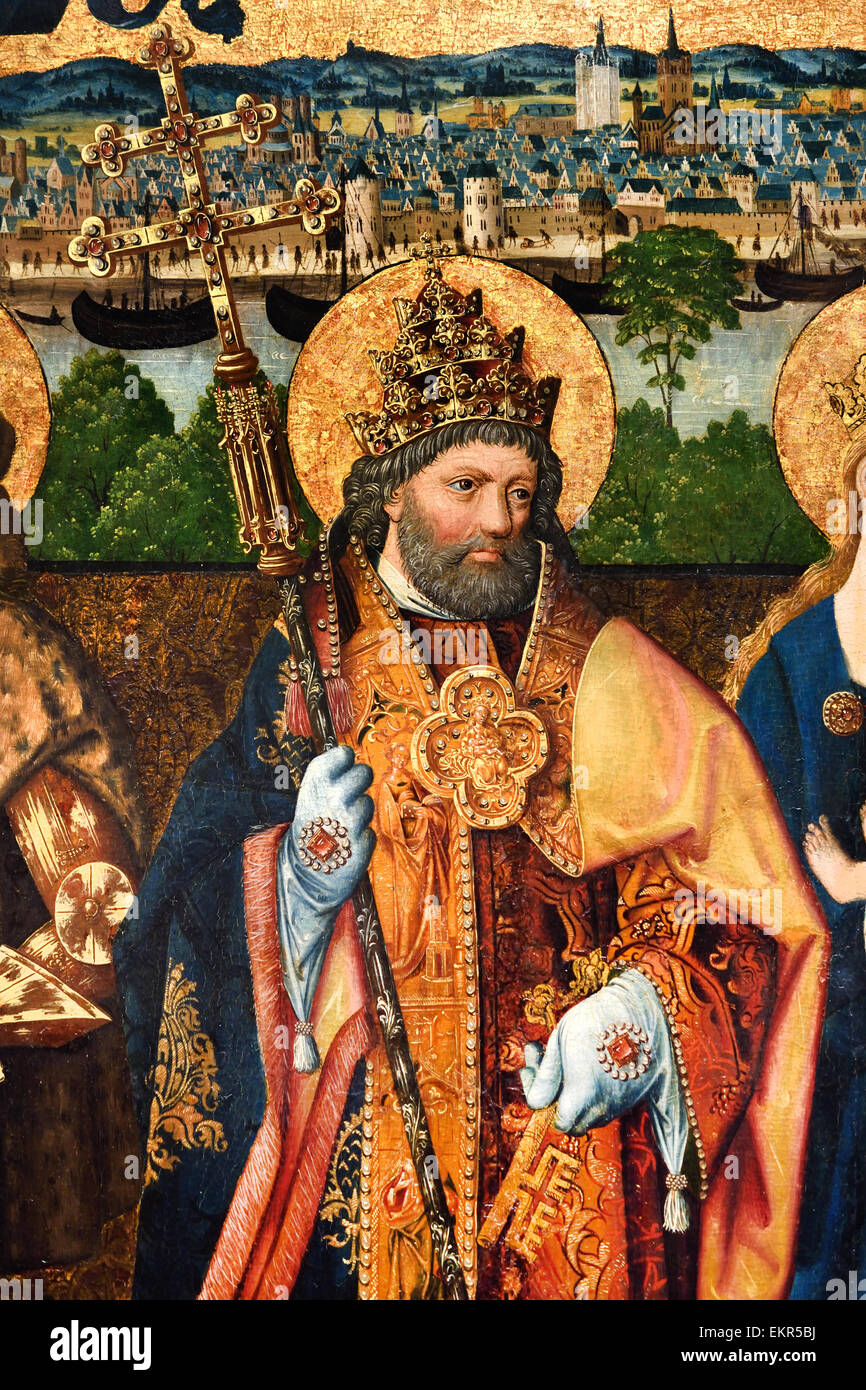 Maître de la glorification de la Vierge (actif à Cologne 15ème siècle ), Sainte Anne la Vierge et l'Enfant Jésus avec Saints Christopher, Gereon et Peter 1480 Allemand Allemagne Banque D'Images