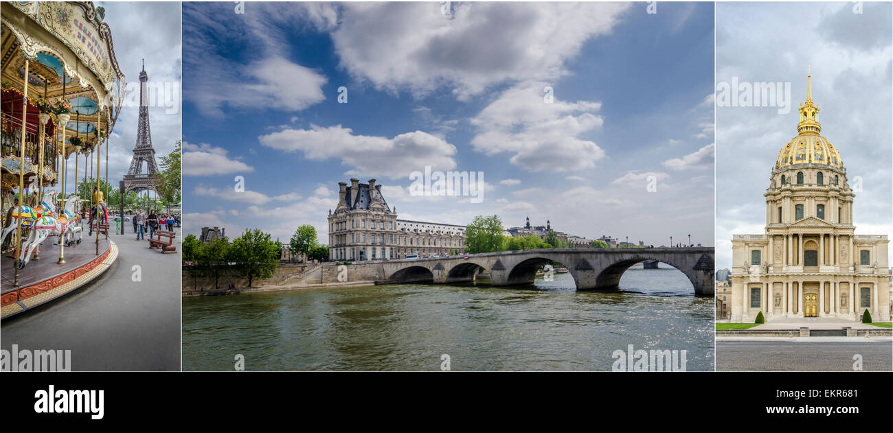 Collage d'images de Paris, adapté à en-tête de page : Carosel & Tour Eiffel, Pont des Arts & Palace de Louvre Banque D'Images