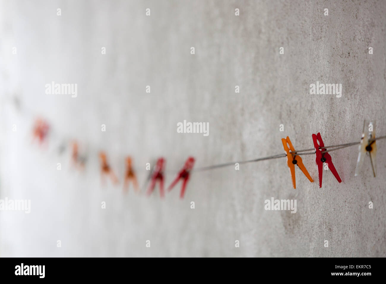 Des pinces à linge en plastique de couleur sur une ligne de lavage contre un mur blanc. Banque D'Images