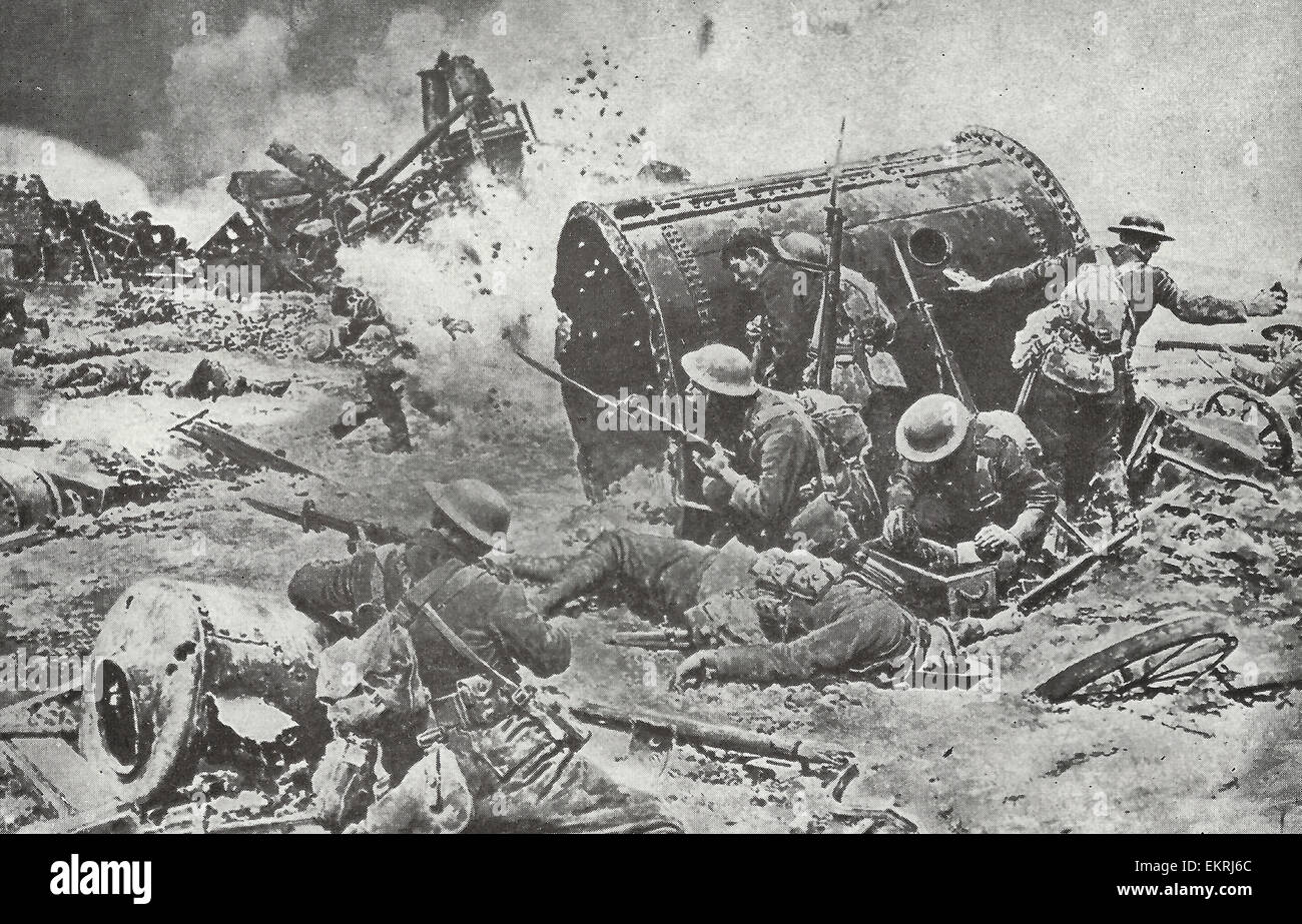 Canadiens qui luttent à Courcellette sur la somme pendant la Première Guerre mondiale Banque D'Images