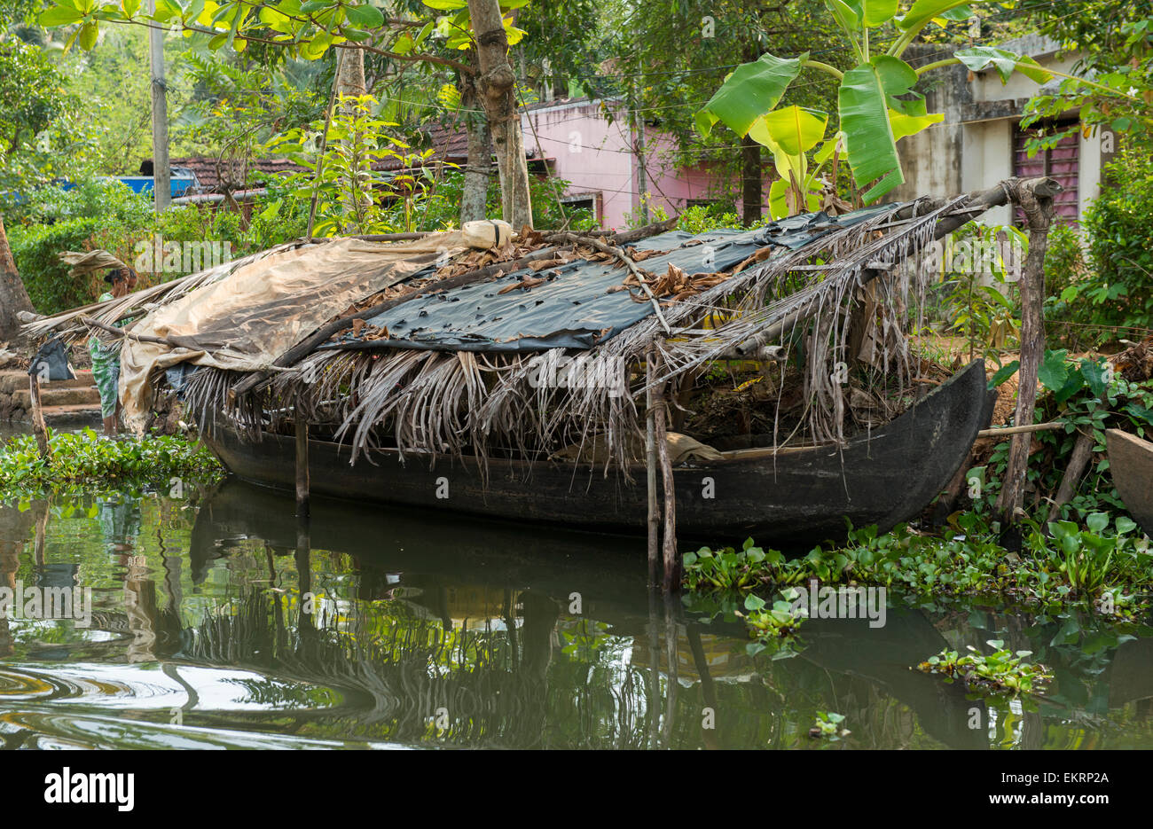 Un bateau couvert de la chaleur dans les eaux troubles de Kumarakom, Kerala Inde Banque D'Images