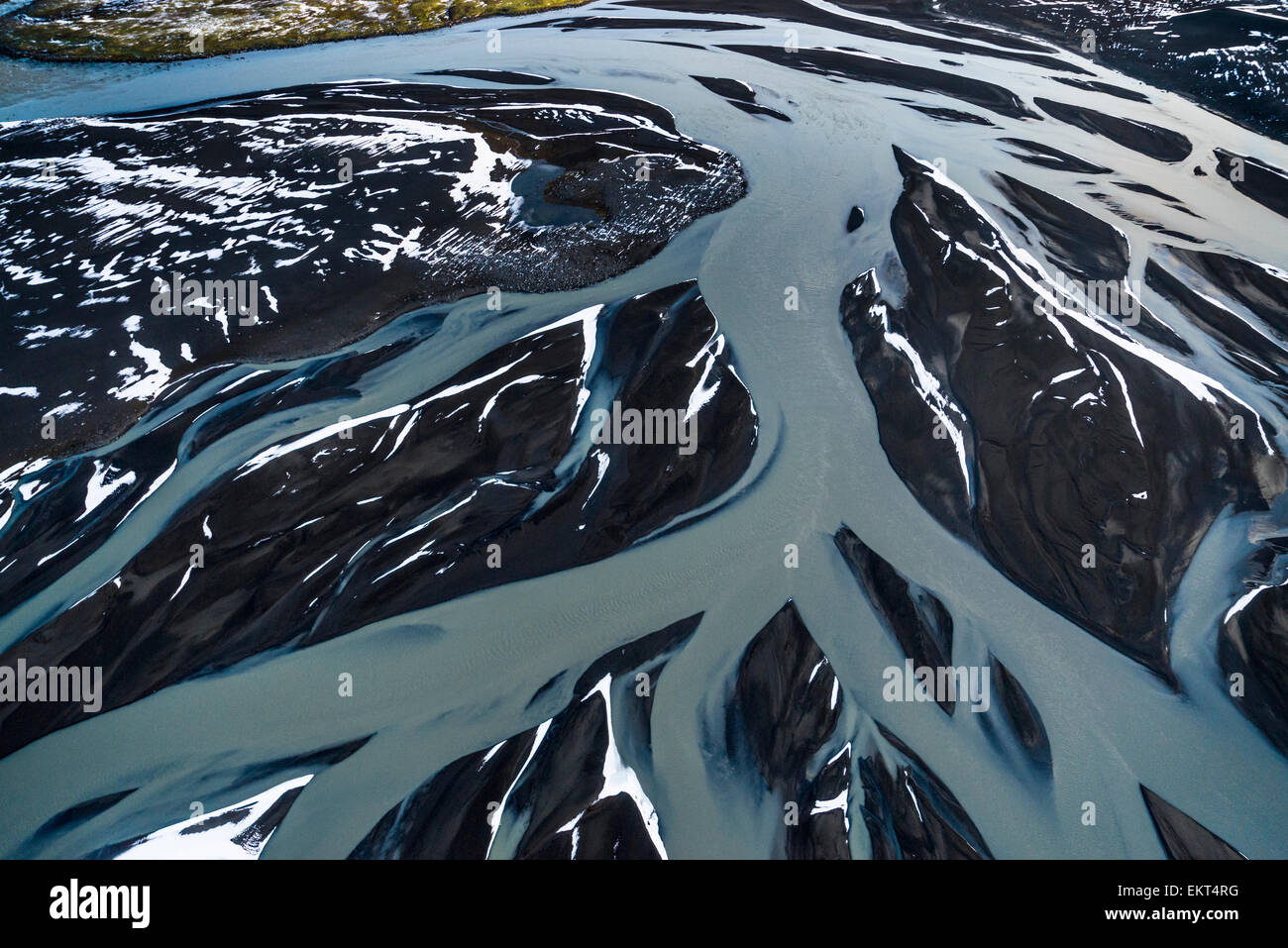 Vue aérienne de l'exploitation des sables bitumineux de rivières, dyngjusandur dyngjujokull par glacier, l'Islande. zone proche de holuhraun et volcan bardarbunga. Banque D'Images