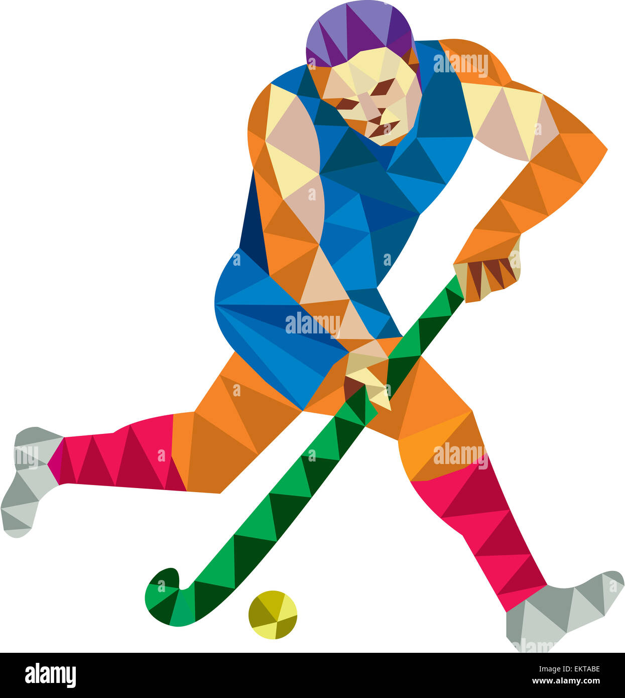 Style polygone faible illustration d'un joueur de hockey de champ tournant avec stick boule frappant vu de côté situé sur blanc isolé Banque D'Images