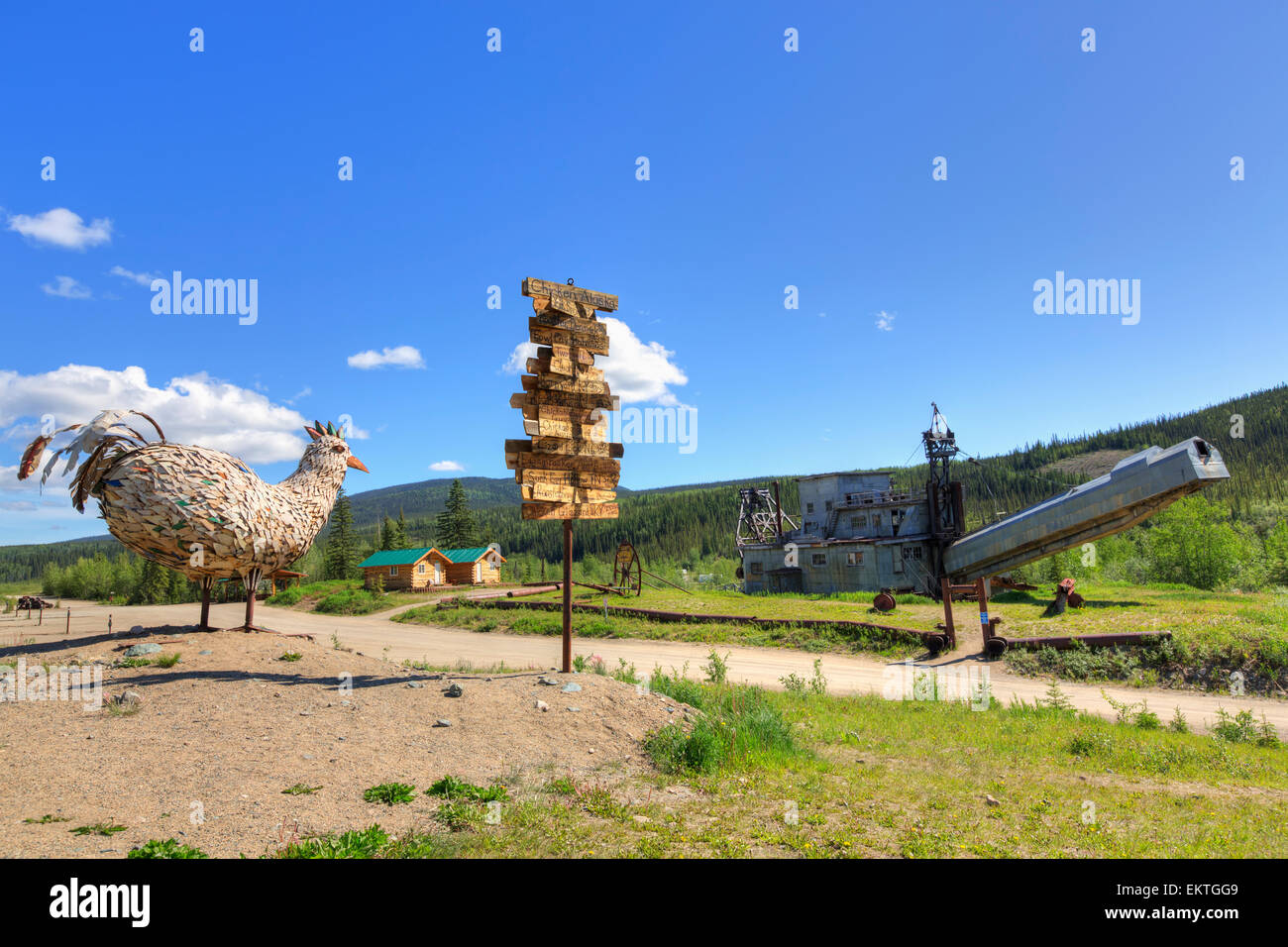 Metal Sculpture de poulet, poteau de signalisation, et d'or au Camp d'or Poulet drague le long de la route, l'intérieur, Taylor l'Alaska, l'été, HDR Banque D'Images