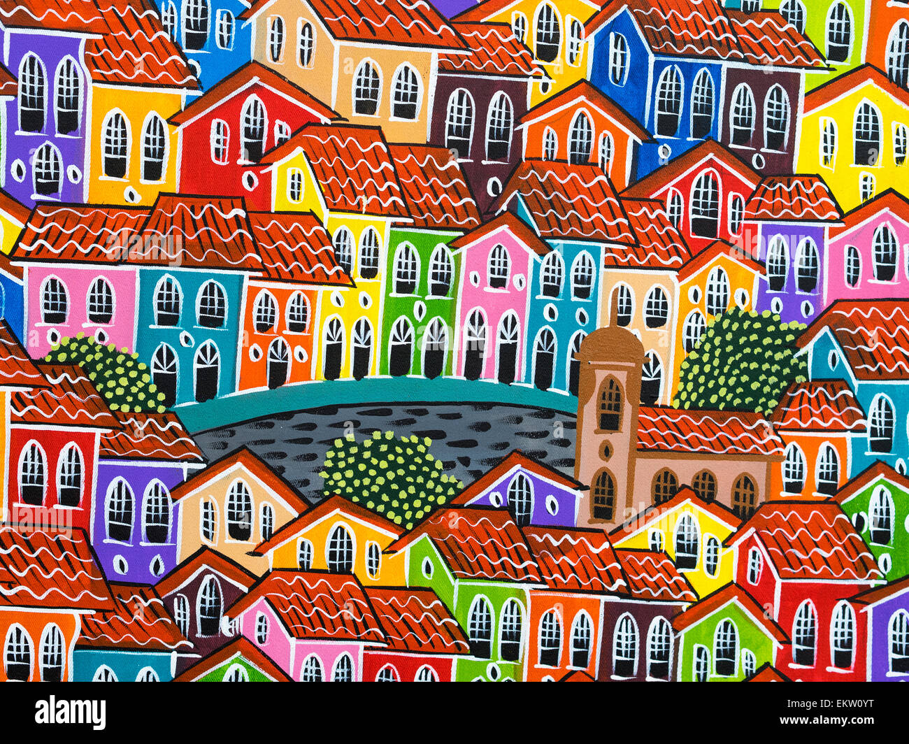 Peinture colorée de la vieilles maisons coloniales de Pelourinho par artiste de rue à Salvador, Bahia, Brésil. Banque D'Images
