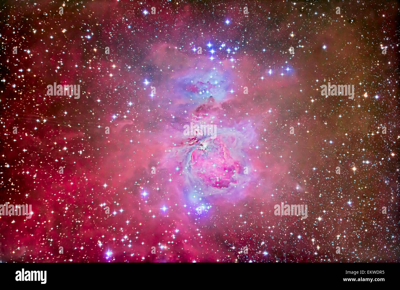 La Nébuleuse d'Orion, M42 et M43, entouré de nébuleuses et d'amas d'étoiles associés, tels que l'homme qui court (au-dessus de la nébuleuse NGC Banque D'Images