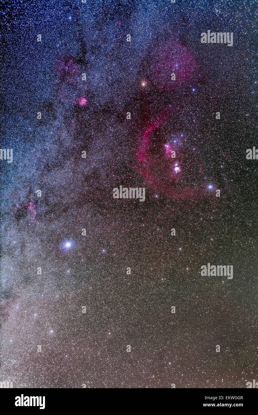 Orion et le Grand Chien, avec Sirius, le chien Star, en bas à gauche. Une lumière illumina le ciel en bas à droite. Banque D'Images