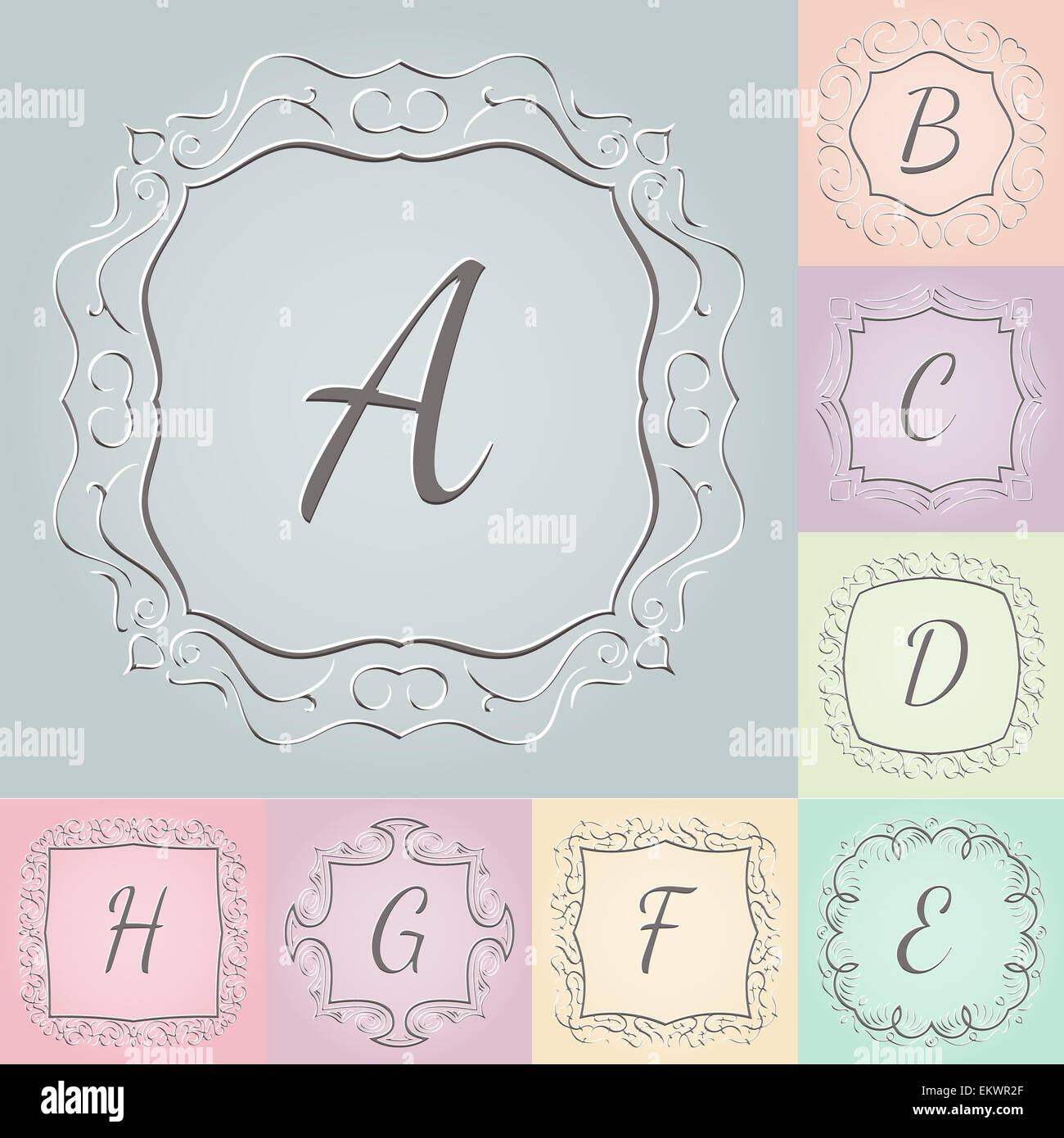 Ensemble de monogrammes 3d style dessiné à la main avec des cadres colorés Banque D'Images