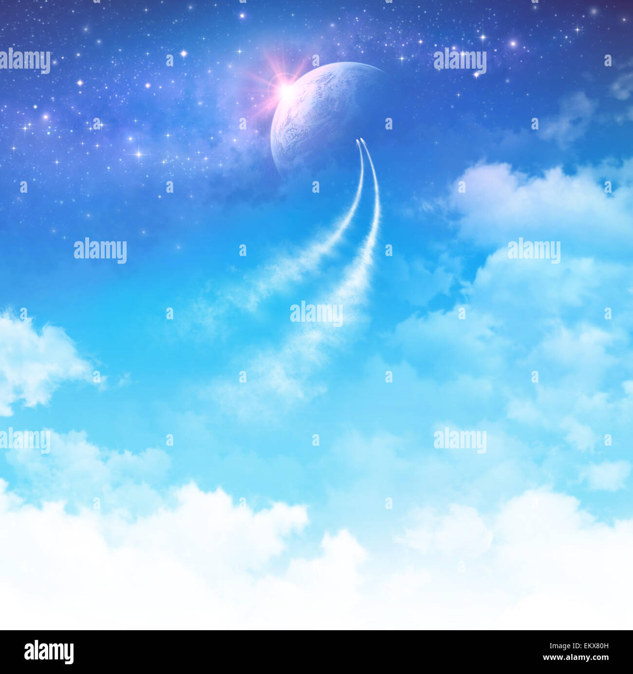 Les voyages dans l'espace. Spationefs briser les nuages vers l'espace profond Banque D'Images