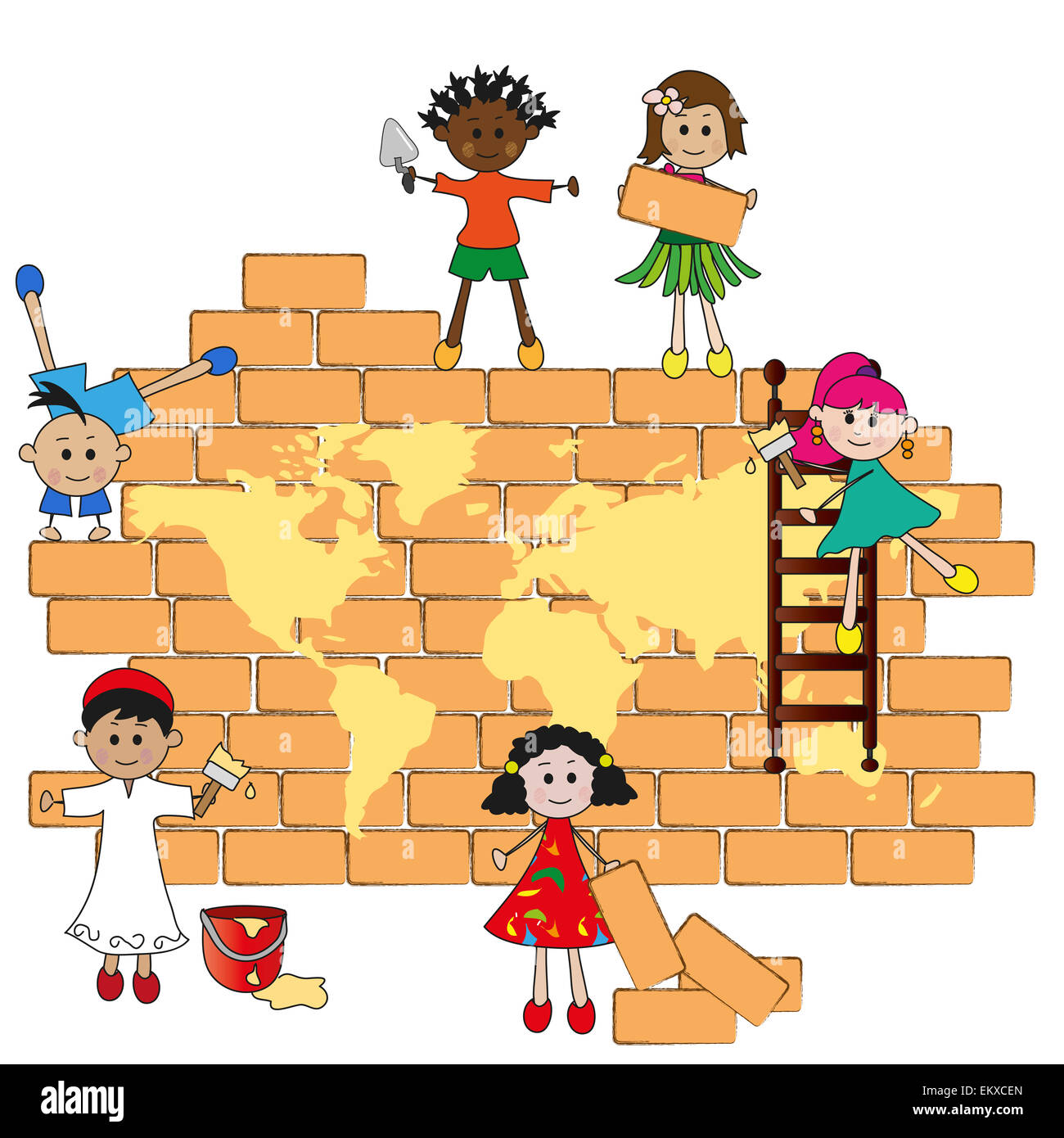 Les enfants à construire le monde sur un mur Banque D'Images