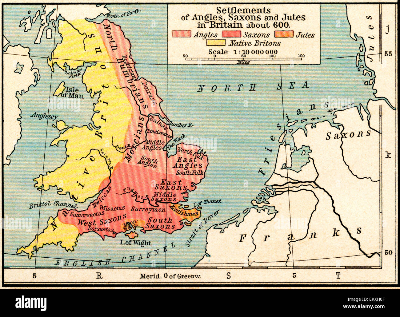 La carte des colonies d'Angles, Saxons et Jutes en Grande-Bretagne c. 600  Photo Stock - Alamy