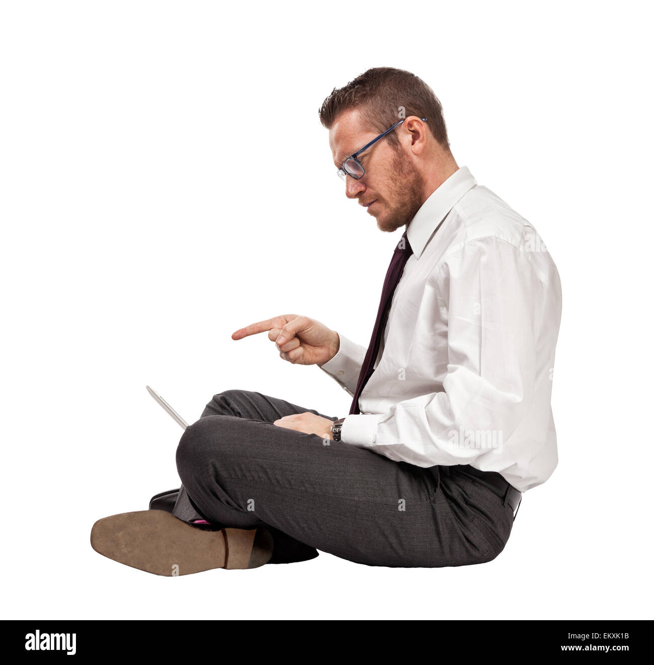Asseoir caucasian man with notebook Banque D'Images