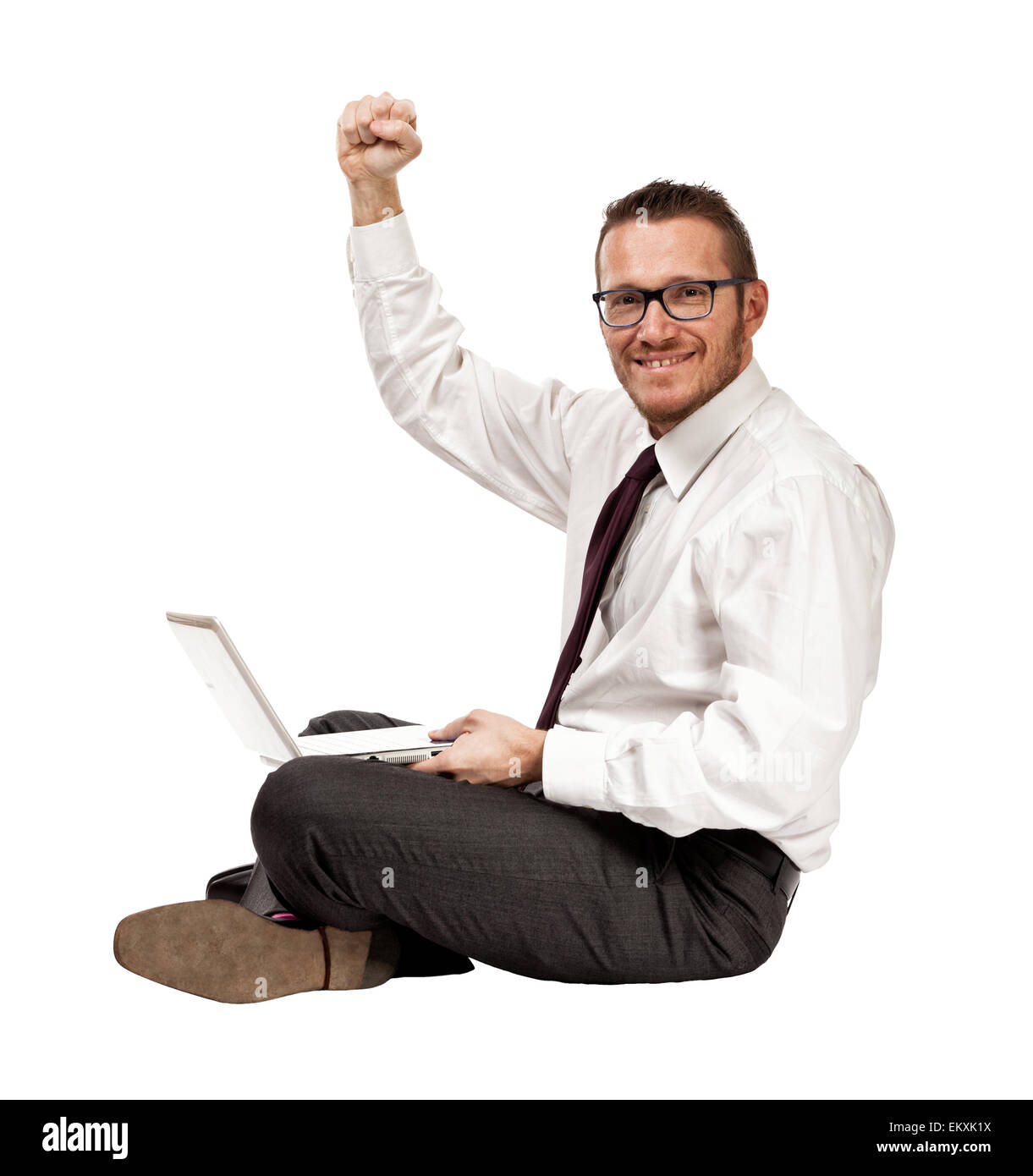 Happy man with notebook isolated on white Banque D'Images